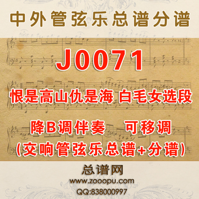 J0071.《白毛女》选段《恨是高山仇是海》 降B调伴奏可移调 管弦乐总谱+分谱